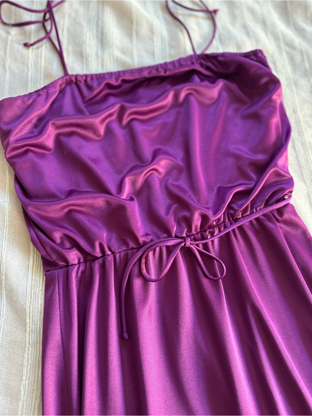 Vintage 70s JOSEPH MAGNIN Purple Ruched Disco Maxi Dress Slinky | 9/10 Fits S
